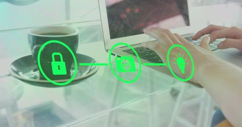 Cybersecurity Icons Over Woman Using Laptop at Work Globe - Download Free Stock Images Pikwizard.com