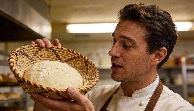 Baker inspecting proofed boule in woven banneton conveying artisanal bread craftsmanship
