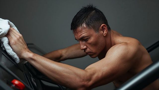 Shirtless Asian athlete leaning on treadmill, gripping console and towel, sweating and focused