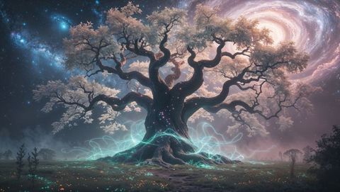 Ancient enchanted dreaming tree emitting turquoise energy under cosmic galaxy