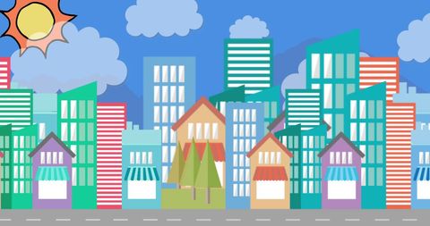 Vibrant City Illustration with Stylized Skyline and Sun - Download Free Stock Images Pikwizard.com