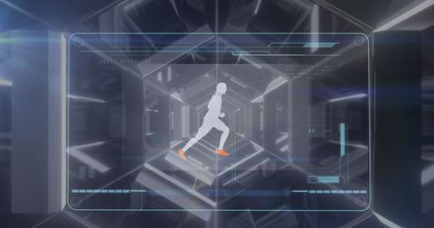 Futuristic athlete running through digital interface
