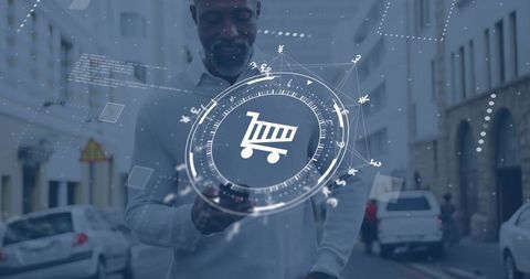 Mature man tapping smartphone summoning ar shopping cart hud for mobile commerce