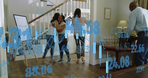 Hugging guests greeting in modern foyer with welcome easel and blue financial data overlay