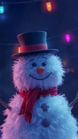 Vertical video pulling back from smiling snowman with red scarf and glowing holiday lights