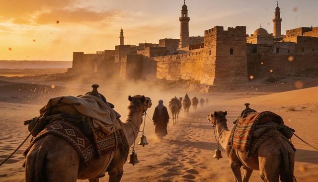Golden desert caravan approaching ancient fortress at sunset with camels and minarets