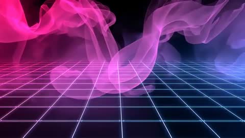 Looping Synthwave Clip Featuring Twisting Neon Smoke Ribbons Above Retro Grid
