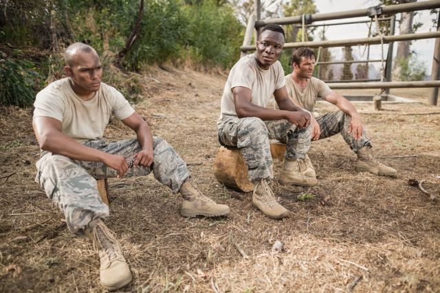 Military soldiers relaxing during obstacle training at boot camp