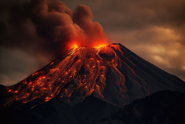 Active volcano erupting with smoke and lava at night, created using generative ai technology - Download Free Stock Photos Pikwizard.com