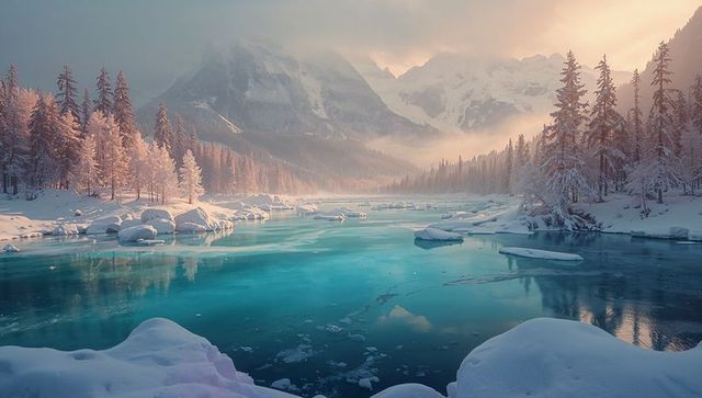 Frozen Turquoise Lake Amidst Misty Alpine Valley