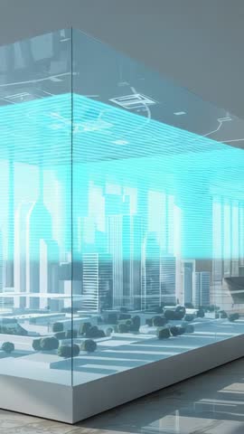 Vertical video showing cyan holographic wave grid overlaying architectural city model