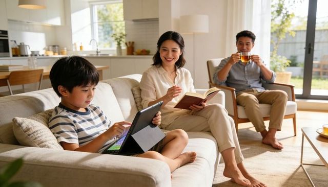Family relaxing in bright living room with child using tablet and mother reading book