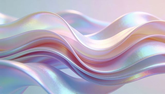 Flowing iridescent satin waves of layered opalescent ribbons in pastel gradient light
