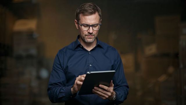 Warehouse manager using tablet for inventory control, navy shirt and eyeglasses