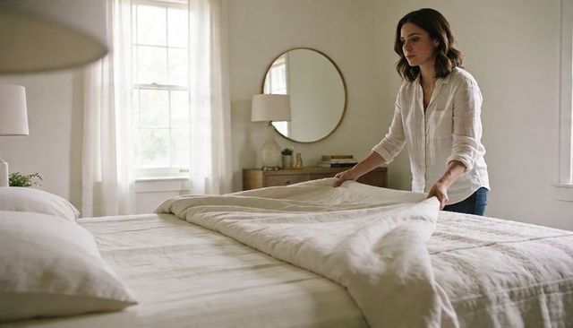 Woman making bed in minimalist neutral bedroom morning linen duvet calm tidy interior
