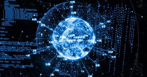 Holographic Digital Globe Visualizing Global Data Networks with Pulsing Nodes and Analytics