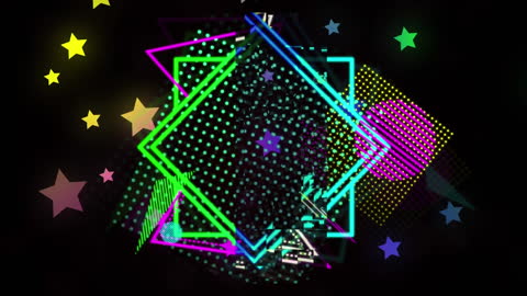 Dynamic Neon Shapes and Stars on Black Background