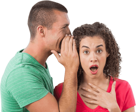 Man Whispering Secret to Surprised Woman Transparent Background