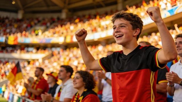 Teen fan cheering and raising fists in packed stadium wearing german jersey and scarves