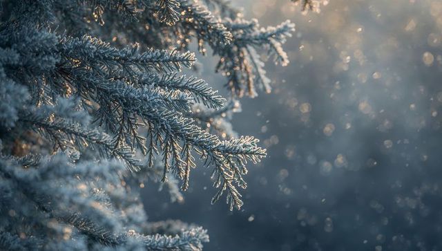 Frost-coated spruce branch glowing in warm backlight with falling snowflakes and bokeh