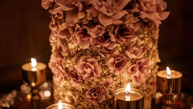 Luxurious candlelit floral centerpiece with blush roses and cream buds on mirrored table for wedding