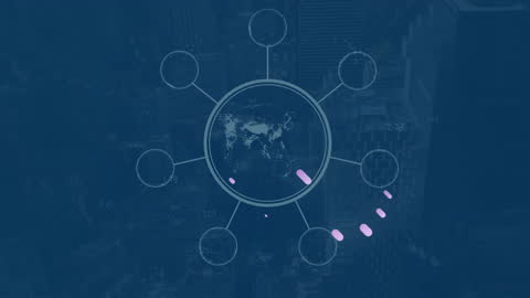 Digital Network of Global Connections Over Cityscape