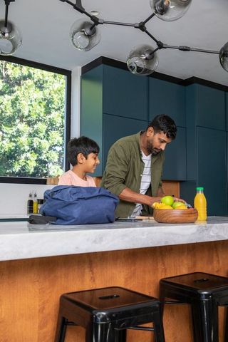 Father and Son Bonding over Meal Preparation in Modern Kitchen
