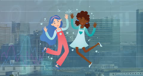 Animated Girls Celebrating with Digital Graphs and City Background