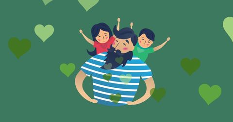 Father playing with children on green background with hearts
