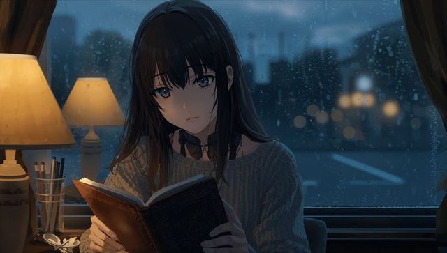 Woman Reading by Rainy Window in Cozy Ambience with Soft Lighting