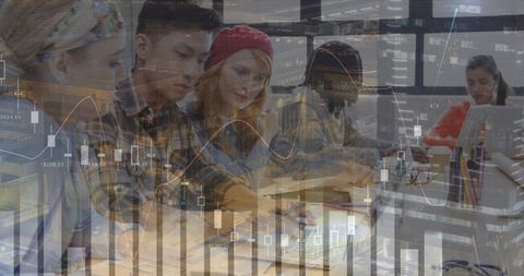 Financial Data Overlaid on Diverse Corporate Team Collaborating