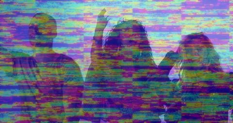 Diverse Group of Friends with Vibrant Digital Glitch Effect