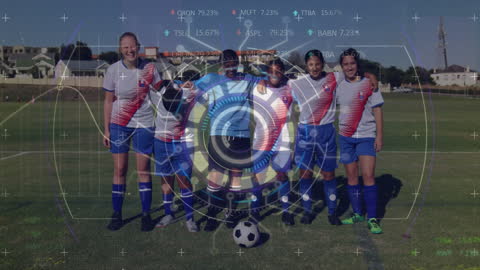 Diverse Female Soccer Team with Futuristic Data Overlay