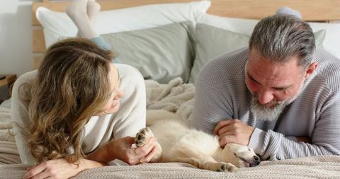 Couple cuddling golden retriever puppy on bed, cozy morning with knit blanket, soft light