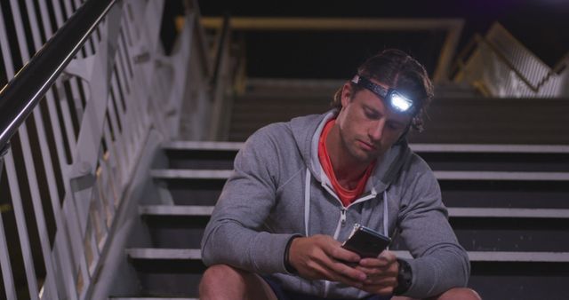 Man Sitting on Stairs at Night Wearing Headlamp and Using Smartphone - Download Free Stock Images Pikwizard.com