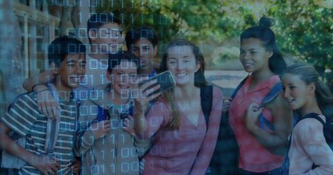 Diverse Students Taking Selfie Outdoors Reflects Technology Connection