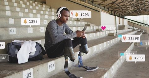 Aspiring athlete with smartphone and social media overlay