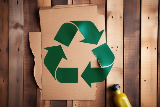 Green recycling symbol on cardboard represents sustainability and eco-friendly practices. Suitable for promoting waste management, recycling programs, environmental awareness, and eco-friendly products. Stainless steel bottle emphasizes reusable, reducing plastic waste. Ideal for educational content, advertising campaigns for green products, and corporate sustainability reports.
