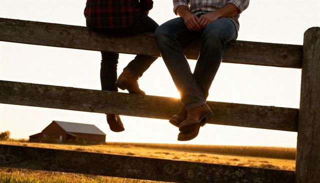 Couple Sitting on Rustic Fence at Sunset Wearing Jeans Plaid Shirts and Leather Boots
