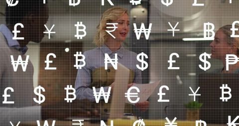 Woman presenting financial report to team with floating currency symbols overlay