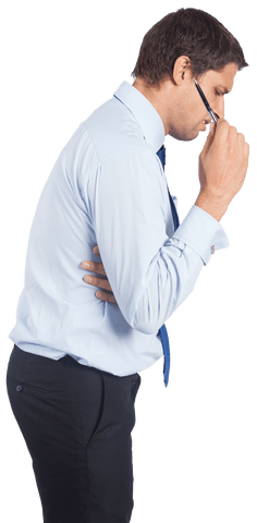 Caucasian man thinking in frustration on transparent background