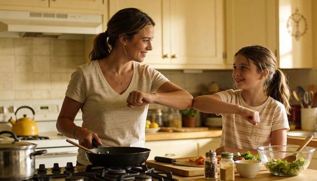 Mother and daughter cooking elbow bumping while preparing fresh salad in bright kitchen