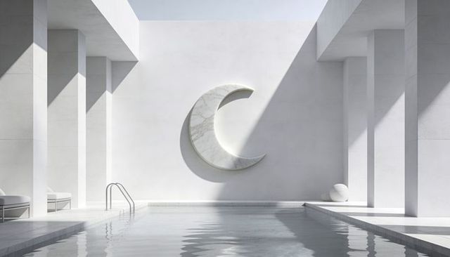 Minimalist Marble Crescent Moon Relief in Sunlit Spa Courtyard with Reflective Pool