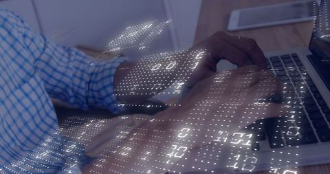 Digital Coding Hands on Laptop with Data Overlay