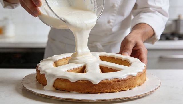 Chef pouring glossy vanilla glaze over wedge-divided sponge cake ring