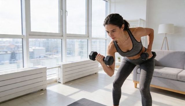 Woman performing bent-over dumbbell row in bright urban apartment workout