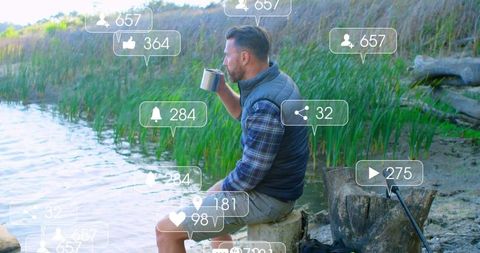Angler relaxing by lake with social media notifications overlay