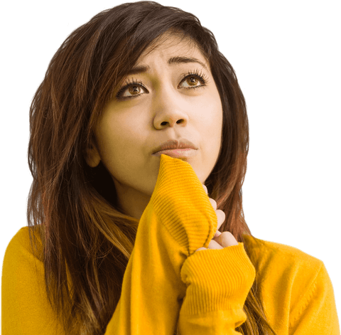 Pensive Young Woman in Yellow Sweater on Transparent Background