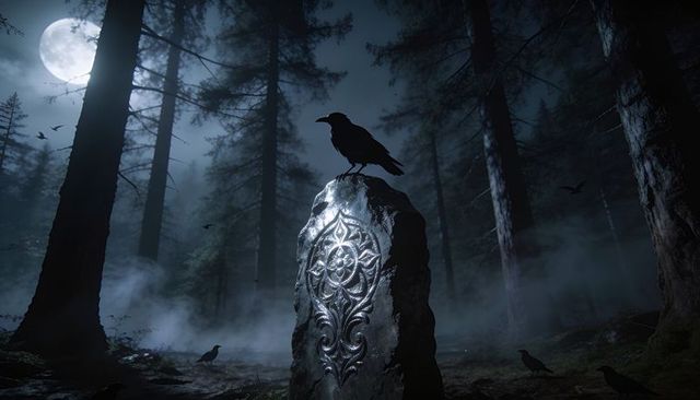 Moonlit raven perching on carved monolith with glowing mandala in misty conifer forest