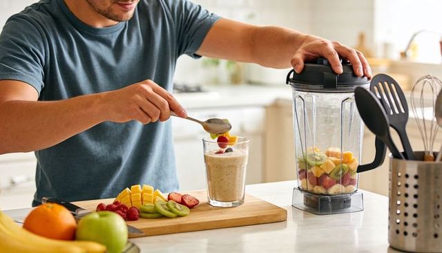 Man preparing fresh fruit smoothie at home blending healthy breakfast in modern kitchen